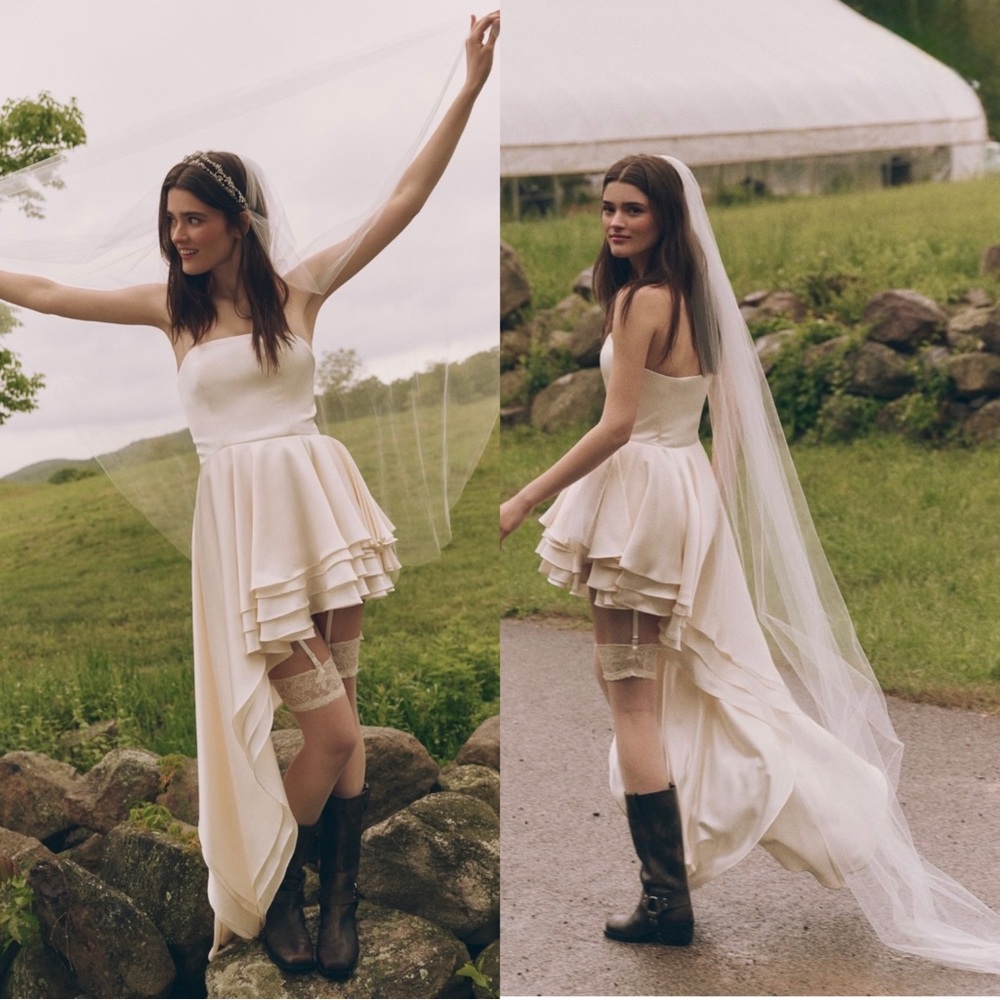 BHLDN Anthro Bronx & Banco Tulum Strapless Asymmetric Ruffle Dress Sz 6 Medium